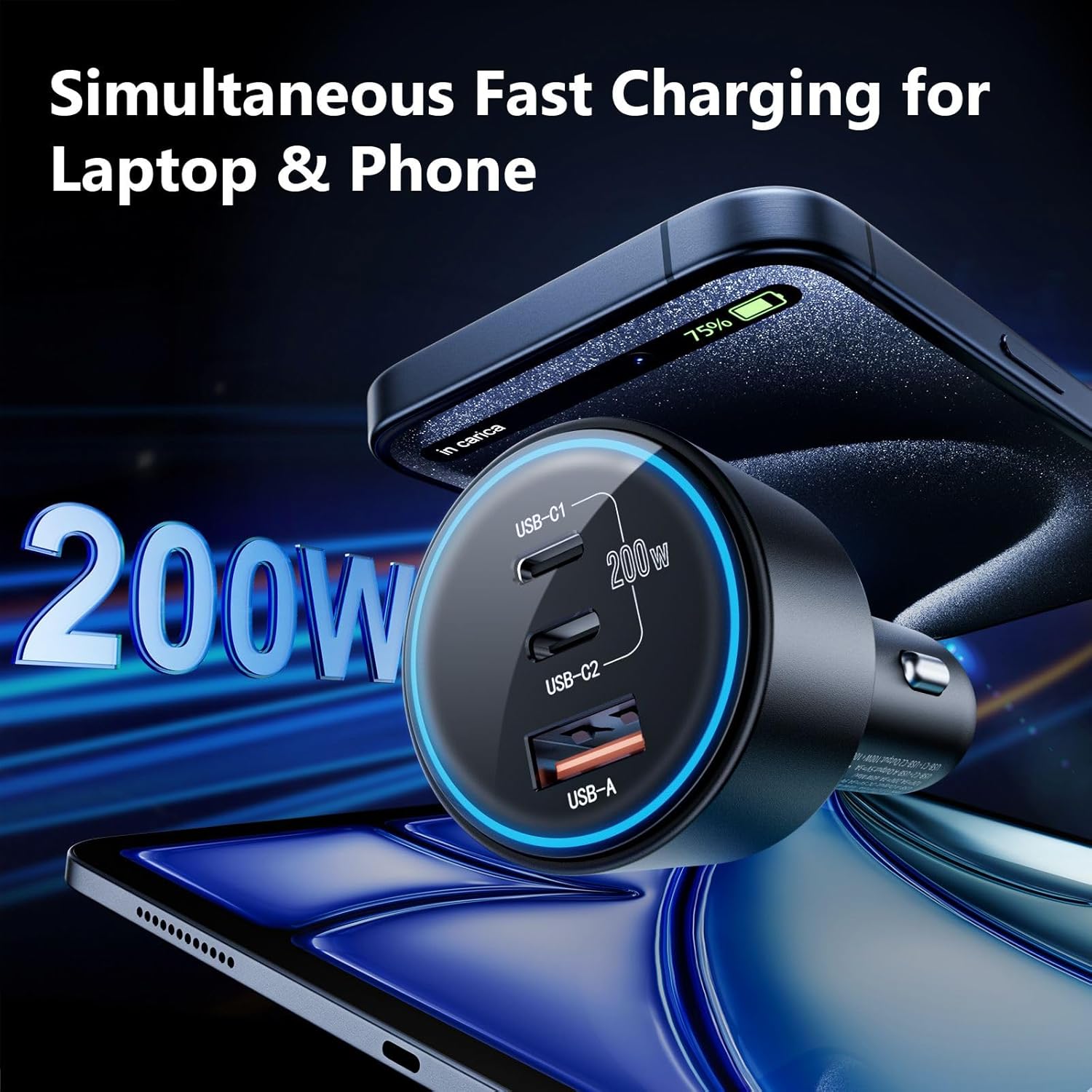 Roadress 200W car charger with dual USB-C and USB-A ports for simultaneous fast charging of laptop and smartphone