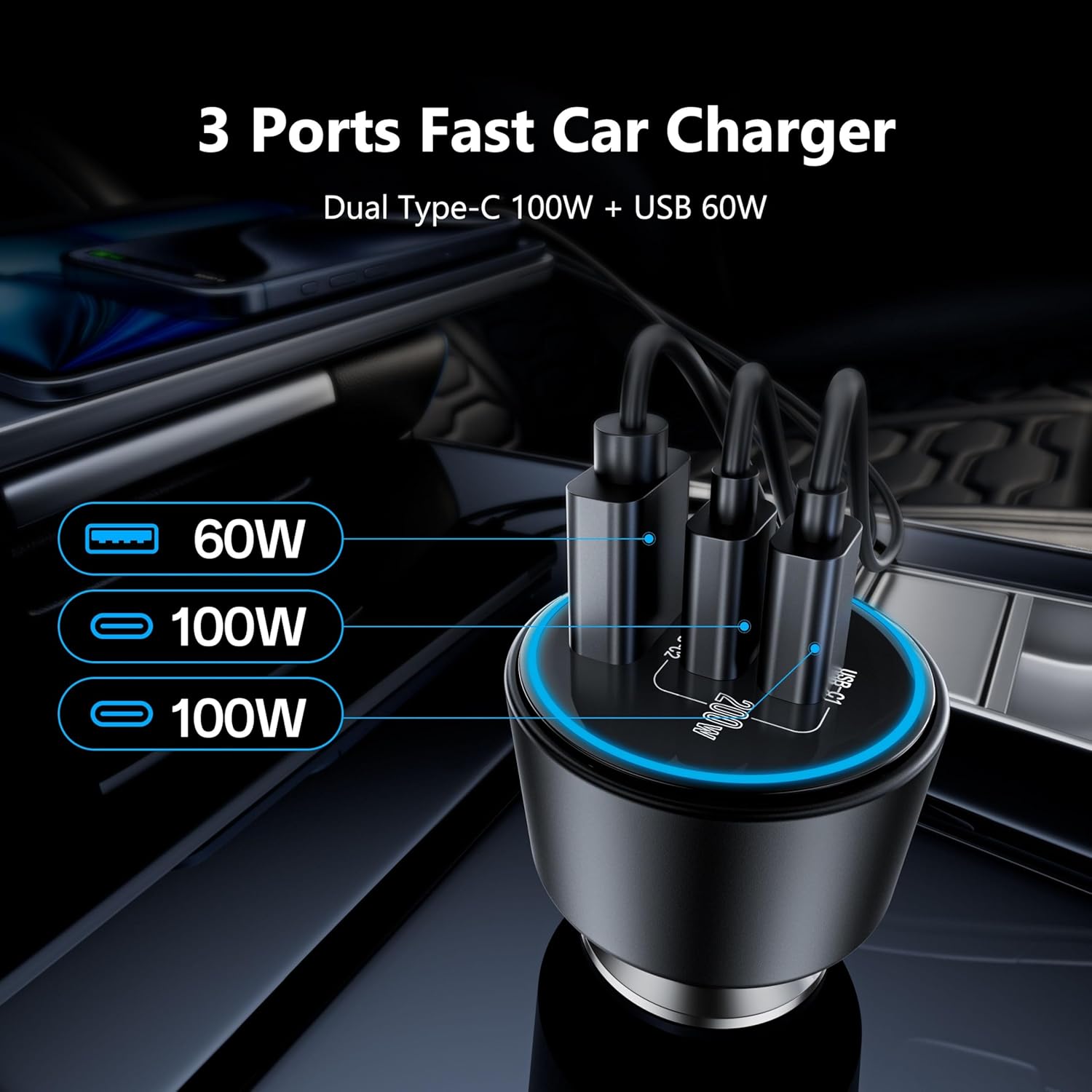 Roadress 200W 3-port fast car charger with dual 100W USB-C and 60W USB-A outputs for charging laptop, tablet, and phone simultaneously