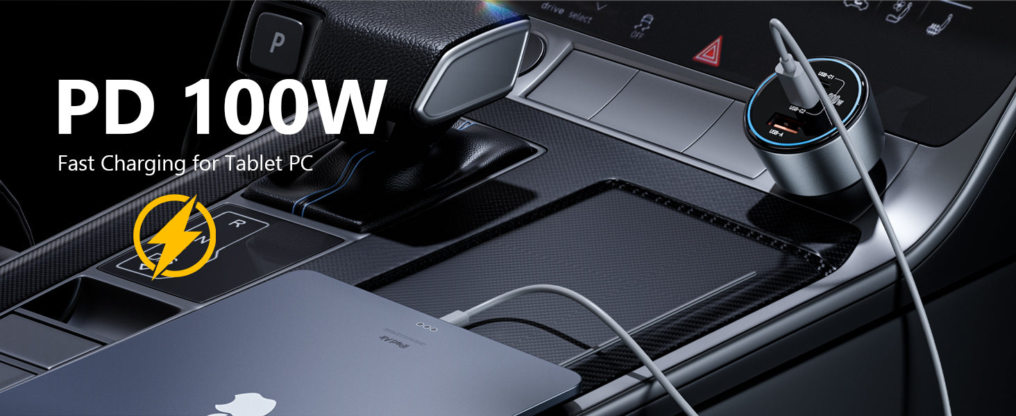 Roadress 200W car charger with PD 100W fast charging for laptops, featuring USB-C power delivery in car