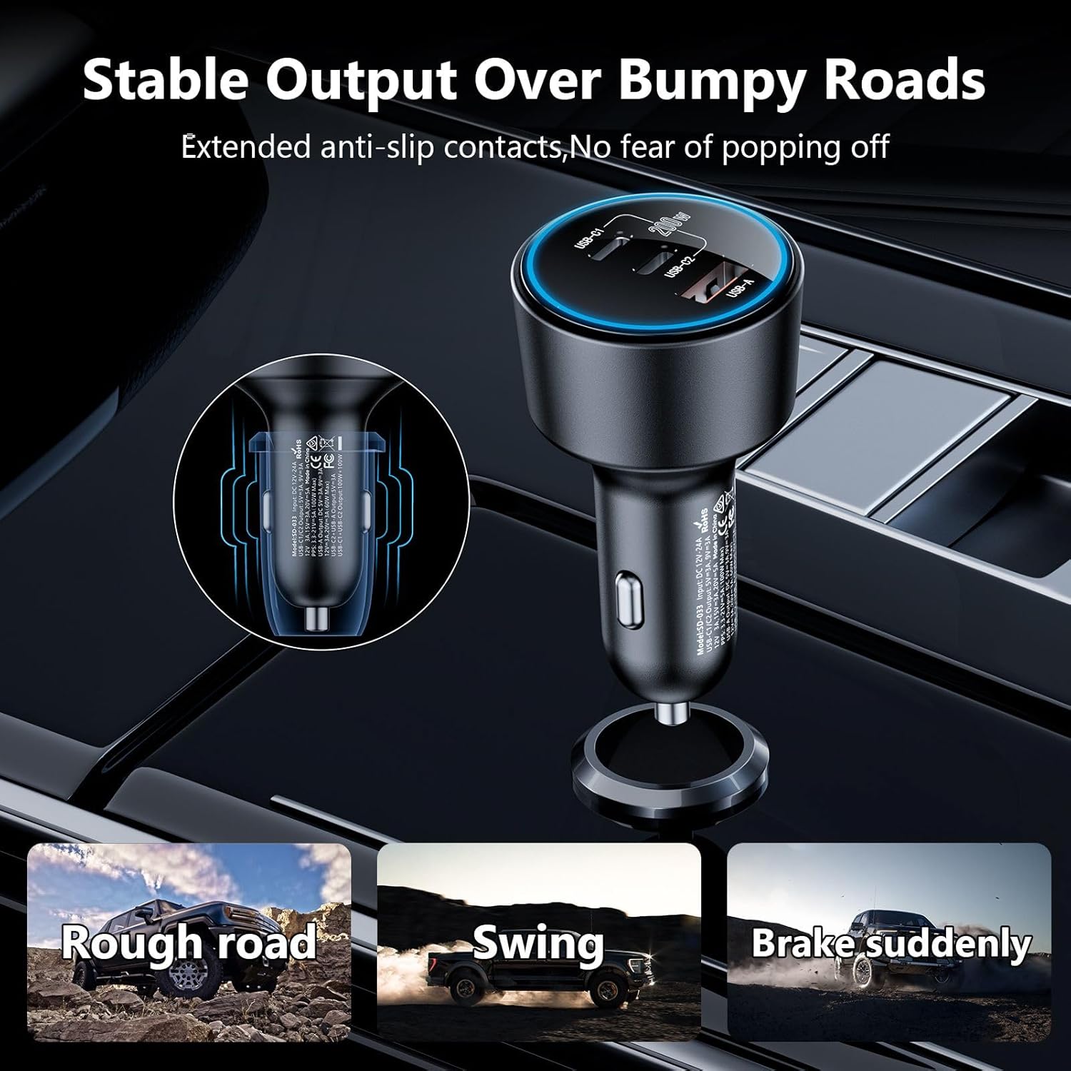 Roadress 200W car charger with anti-slip contacts providing stable output over bumpy roads, rough terrain, and sudden braking