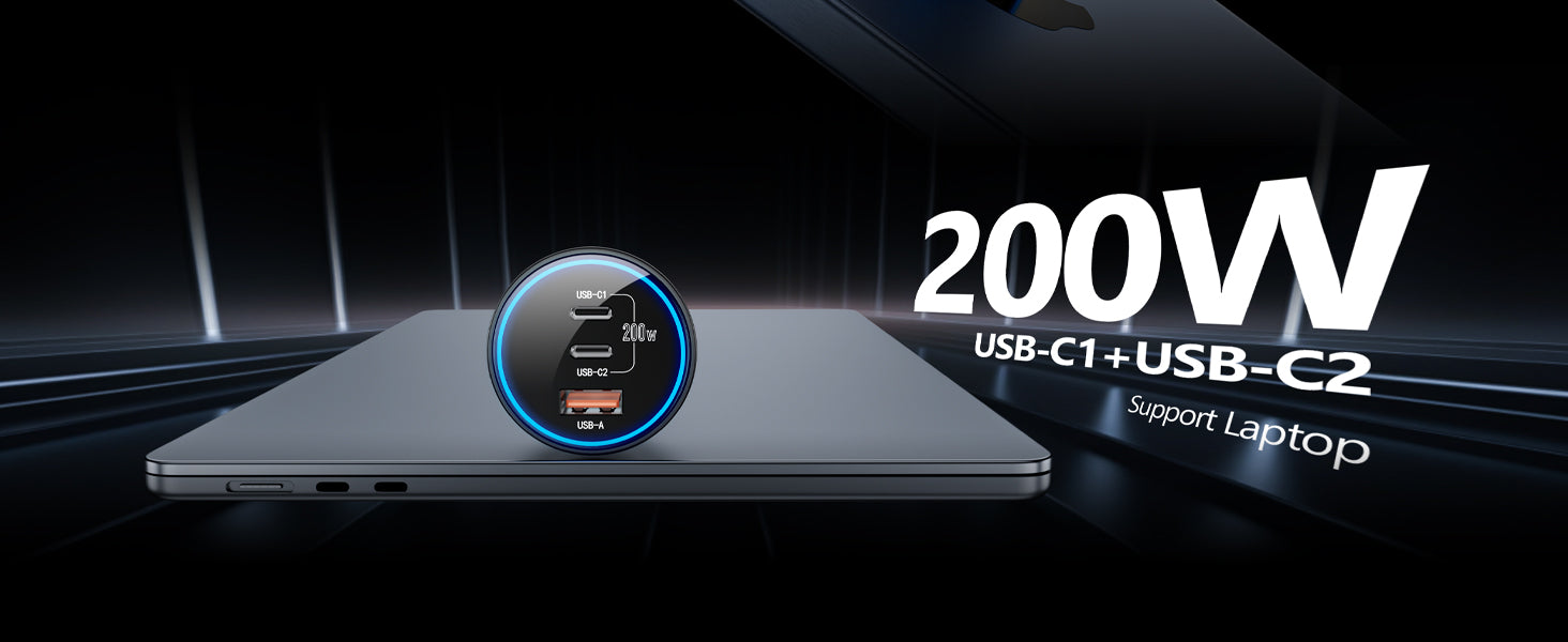 Roadress 200W car charger with dual USB-C ports (USB-C1 + USB-C2) supporting fast laptop charging