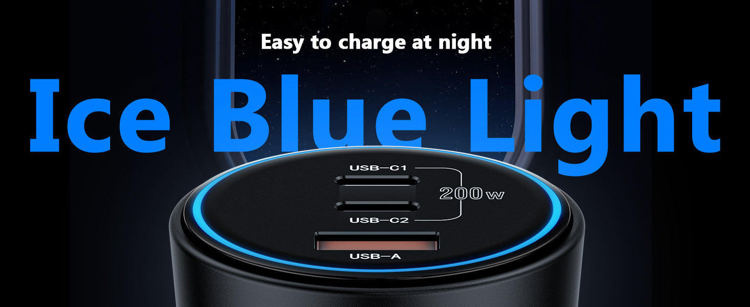 Roadress 200W car charger with dual USB-C and USB-A ports, featuring ice blue light for easy charging at night