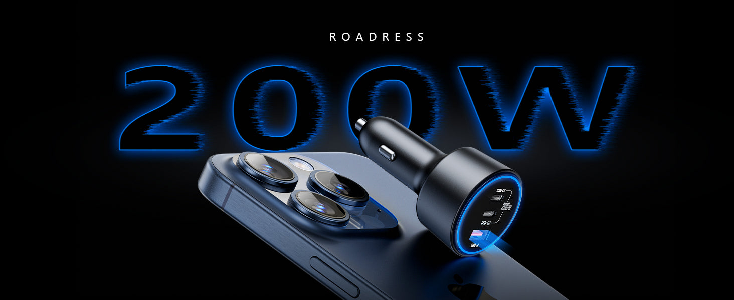 Roadress 200W fast car charger with dual USB-C and USB-A ports for high-speed charging of smartphones and laptops