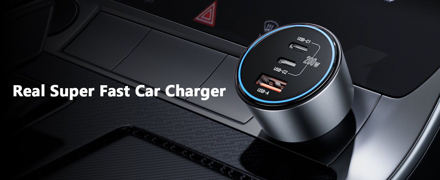 Roadress 200W real super fast car charger with dual USB-C and USB-A ports for high-speed charging in vehicles